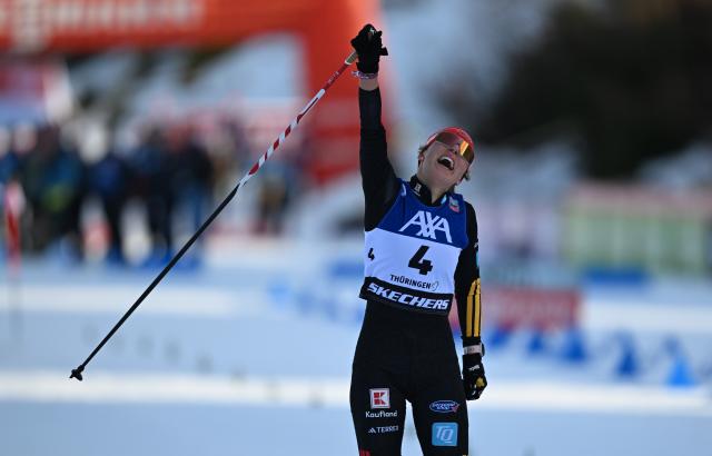 17 January 2026, Thuringia, Oberhof: Germany's runner-up Nathalie Armbruster celebrates after the Women's individual compact normal hill event of the FIS Nordic Combined World Cup in Oberhof. Photo: Hendrik Schmidt/dpa