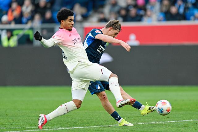 17 January 2026, Baden-Württemberg, Sinsheim: Bayer Leverkusen's Jarell Quansah and Hoffenheim's Alexander Prass battle for the ball during the German Bundesliga soccer match between TSG 1899 Hoffenheim and Bayer Leverkusen at the PreZero Arena. Photo: Uwe Anspach/dpa - IMPORTANT NOTICE: DFL and DFB regulations prohibit any use of photographs as image sequences and/or quasi-video.