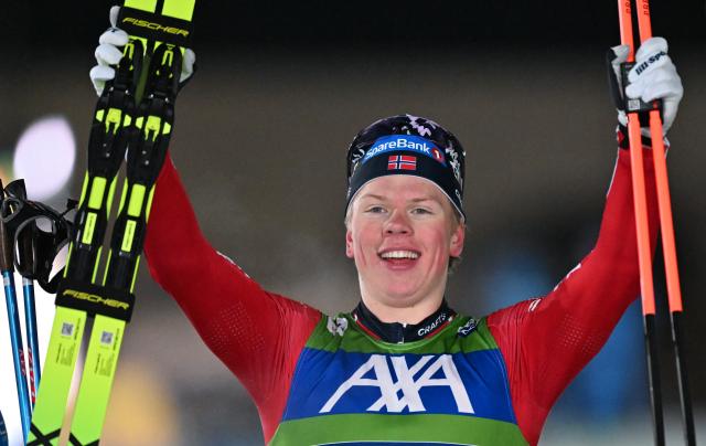 17 January 2026, Thuringia, Oberhof: Norway's winner Lars Heggen celebrates after the Men's sprint freestyle competition of the FIS Cross-Country Skiing World Cup in Oberhof. Photo: Hendrik Schmidt/dpa