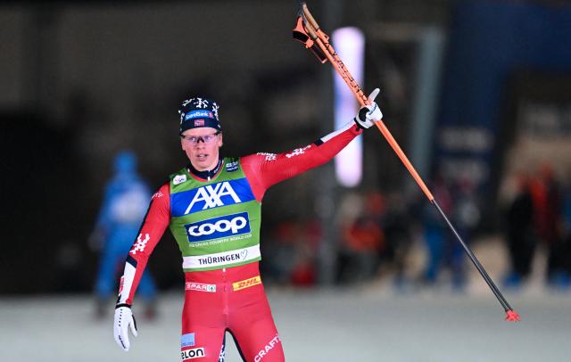 17 January 2026, Thuringia, Oberhof: Norway's Lars Heggen crosses the finish line to win the Men's sprint freestyle competition of the FIS Cross-Country Skiing World Cup in Oberhof. Photo: Hendrik Schmidt/dpa