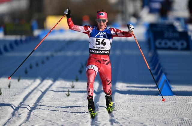 18 January 2026, Thuringia, Oberhof: Austria's Teresa Stadlober celebrates her second place at the finish line of the Women's 10 km classic competition of the FIS Cross-Country Skiing World Cup in Oberhof. Photo: Hendrik Schmidt/dpa