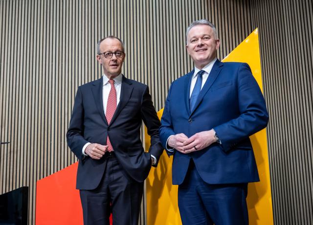 19 January 2026, Berlin: German Chancellor Friedrich Merz (L) stands next to Gordon Schnieder, the Christian Democratic Union of Germany (CDU) leading candidate in Rhineland-Palatinate, after the press conference following the meeting of the CDU federal executive committee. Photo: Michael Kappeler/dpa