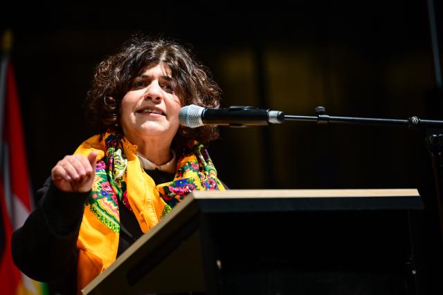 19 January 2026, Berlin: Second Vice President of the North Rhine-Westphalia State Parliament Berivan Aymaz speaks during a demonstration with the slogan "No welcome for Islamist Ahmed al-Scharaa in Berlin" against the visit of Syrian transitional president Ahmed al-Scharaa. Photo: Sebastian Christoph Gollnow/dpa