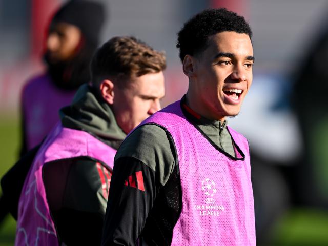 20 January 2026, Bavaria, Munich: Bayern Munich's Jamal Musiala (R) and Joshua Kimmich in action during the team's training session ahead of the UEFA Champions League soccer match against Union St. Gilloise. Photo: Sven Hoppe/dpa