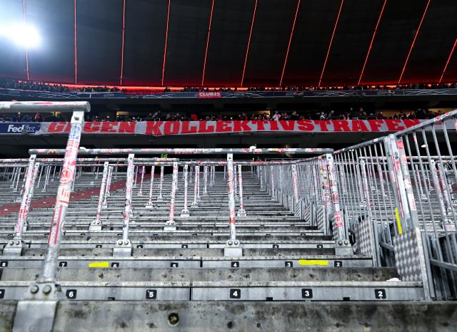 21 January 2026, Bavaria, Munich: A banner reading "Against collective punishment" is displayed in the south stand before the UEFA Champions League soccer match between Bayern Munich and Union St. Gilloise at the Allianz Arena. Photo: Sven Hoppe/dpa