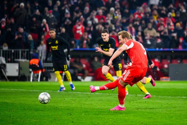 21 January 2026, Bavaria, Munich: Bayern Munich's Harry Kane scores his side's second goal during the UEFA Champions League soccer match between Bayern Munich and Union St. Gilloise at the Allianz Arena. Photo: Tom Weller/dpa