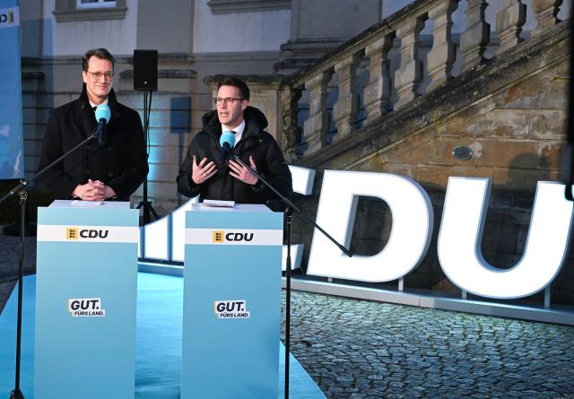 23 January 2026, Baden-Wuerttemberg, Schoental: Minister President of North Rhine-Westphalia Hendrik Wuest (L) and Manuel Hagel, state chairman of the Christian Democratic Union of Germany (CDU) Baden-Wuerttemberg and leading candidate for the 2026 state elections, speak to media representatives at a closed-door meeting of the CDU Baden-Wuerttemberg at Schoental Monastery. Photo: Bernd Weißbrod/dpa
