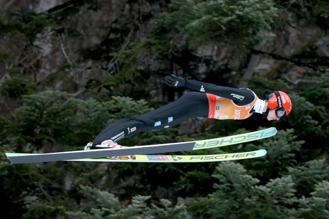 23 January 2026, Bavaria, Oberstdorf: Germany's Karl Geiger in action during the 
men's 1st round ski flying competition at the FIS Ski Flying World Championships in Oberstdorf. Photo: Karl-Josef Hildenbrand/dpa