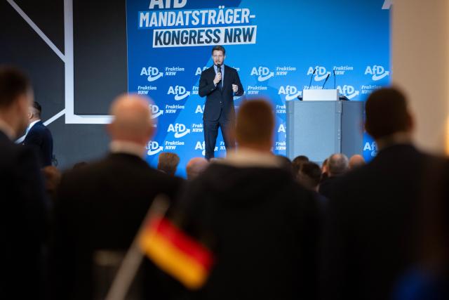 24 January 2026, North Rhine-Westphalia, Muelheim an der Ruhr: State chairman of the Alternative for Germany (AfD) in North Rhine-Westphalia Martin Vincentz speaks on stage during the AfD's elected representatives' congress in North Rhine-Westphalia. Photo: Fabian Strauch/dpa