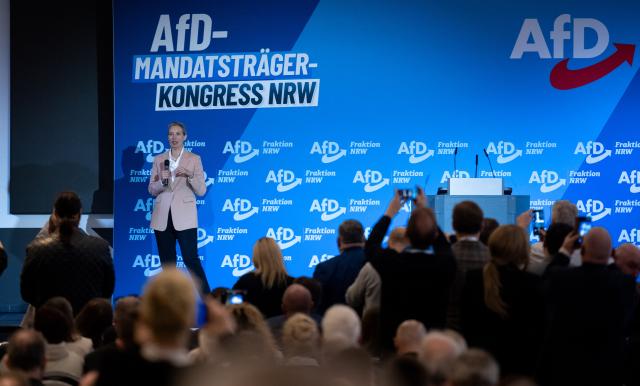 24 January 2026, North Rhine-Westphalia, Muelheim an der Ruhr: Alternative for Germany (AfD) federal chairwoman Alice Weidel speaks on stage during the AfD's elected representatives' congress in North Rhine-Westphalia. Photo: Fabian Strauch/dpa