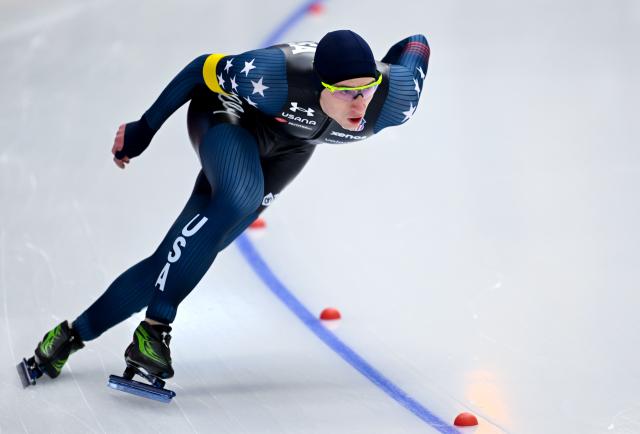 25 January 2026, Bavaria, Inzell: American Jordan Stolz competes in the men's 500 m at the Speed Skating World Cup at the Max Aicher Arena. Photo: Sven Hoppe/dpa