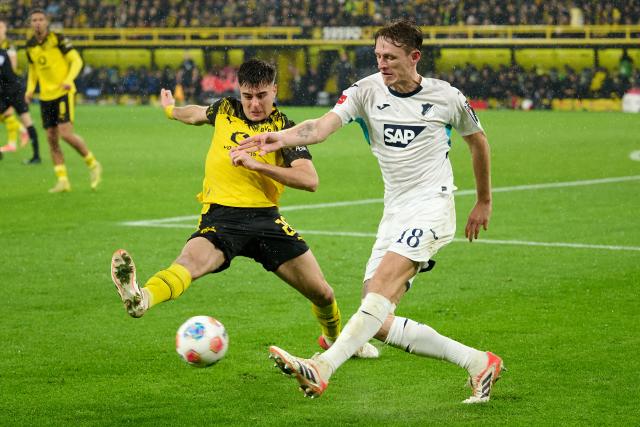 FILED - 07 December 2025, North Rhine-Westphalia, Dortmund: Borussia Dortmund's Aaron Anselmino (L) and Hoffenheim's Wouter Burger battle for the ball during the German Bundesliga soccer match between Borussia Dortmund and TSG 1899 Hoffenheim at Signal Iduna Park. Photo: Bernd Thissen/dpa