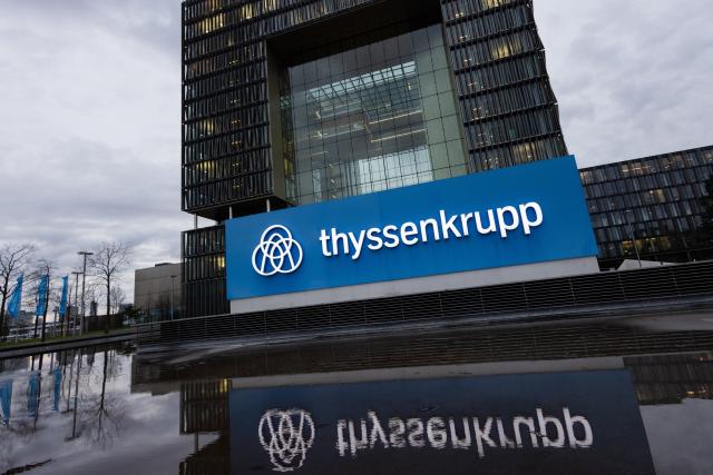 FILED - 09 December 2025, North Rhine-Westphalia, Essen: The logo stands in front of thyssenkrupp's corporate headquarters before the start of the annual press conference. Photo: Rolf Vennenbernd/dpa