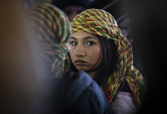 26 January 2026, Hesse, Frankfurt/Main: A Kurdish woman protests against the Syrian government and the Turkish government during a demonstration in the city center. Photo: Boris Roessler/dpa