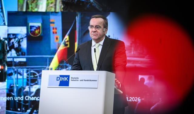27 January 2026, Berlin: Boris Pistorius, German Minister of Defense, speaks at the "Security and defense policy as a location factor - challenges and opportunities for business and government" conference, hosted by the German Chamber of Industry and Commerce (DIHK) at the Haus der Deutschen Wirtschaft. Photo: Bernd von Jutrczenka/dpa