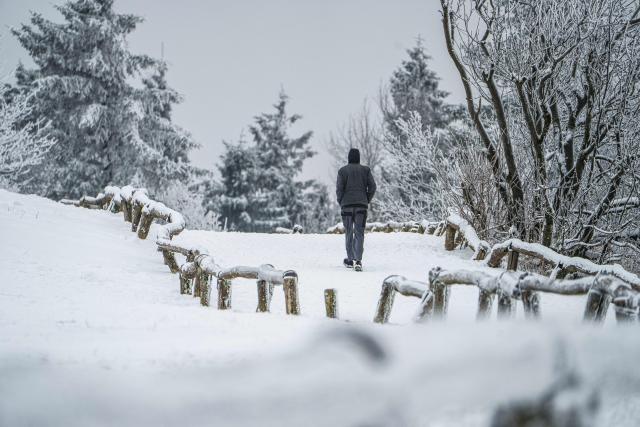 27 January 2026, Hesse, Schmitten: A man goes for a walk on the Feldberg plateau. The Feldberg plateau is cloudy with light snow or sleet and temperatures just below zero degrees Celsius. Photo: Andreas Arnold/dpa