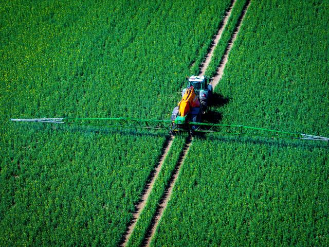 FILED - 15 April 2025, Mecklenburg-Western Pomerania, Strahlendorf: An aerial photo taken with a drone shows a tractor pulling a spraying machine over a rapeseed field and sprays pesticide. Photo: Jens Büttner/dpa