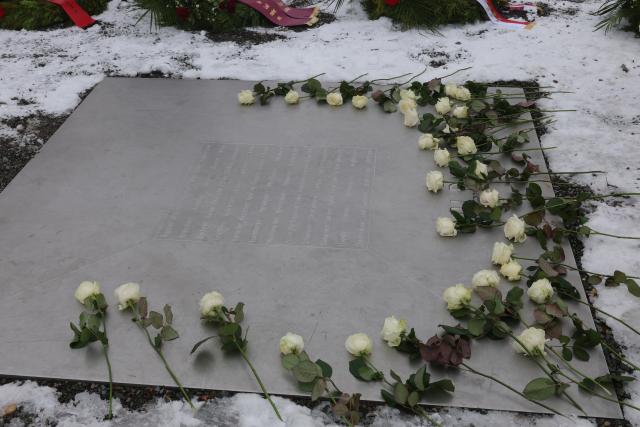 27 January 2026, Thuringia, Weimar: Flowers are laid during a wreath-laying ceremony on Holocaust memorial day at the former Buchenwald concentration camp. The Auschwitz concentration camp was liberated by Soviet troops on January 27, 1945. Photo: Bodo Schackow/dpa