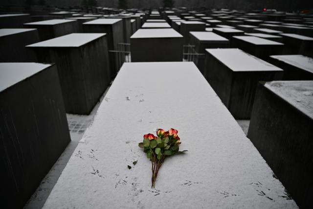 27 January 2026, Berlin: Roses lie on a stele at the Memorial to the Murdered Jews of Europe on International Holocaust Memorial in Memory of the Victims. Photo: Sebastian Gollnow/dpa
