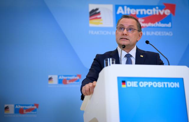 27 January 2026, Berlin: Tino Chrupalla, Chairman of the Alternative for Germany (AfD) parliamentary group, speaks ahead of the AfD parliamentary group meeting at the German Parliament (Bundestag) . Photo: Bernd von Jutrczenka/dpa