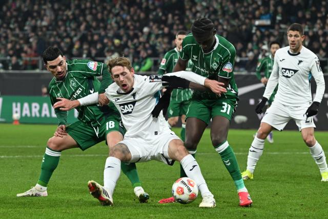 27 January 2026, Bremen: Bremen's Cameron Puertas and Karim Coulibaly (R) in action against Hoffenheim's Wouter Burger during during the German Bundesliga soccer match between Werder Bremen and TSG 1899 Hoffenheim at the Weserstadion. Photo: Carmen Jaspersen/dpa
