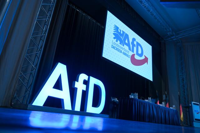 FILED - 23 May 2025, Saxony-Anhalt, Magdeburg: The logo of the Alternative for Germany (AfD) party is pictured on the stage during the party's conference in Saxony-Anhalt. Photo: Heiko Rebsch/dpa