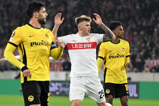 29 January 2026, Baden-Württemberg, Stuttgart: Stuttgart's Finn Jeltsch reacts after missing a chance to score during the UEFA Europa League soccer match between VfB Stuttgart and Young Boys Bern at the MHPArena. Photo: Bernd Weißbrod/dpa