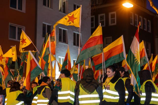 30 January 2026, North Rhine-Westphalia, Dortmund: People walk in a demonstration with the slogan "Against the violence and repression against Kurdish civilians" to draw attention to the situation of the Kurds in north-eastern Syria. Photo: Max Lametz/dpa