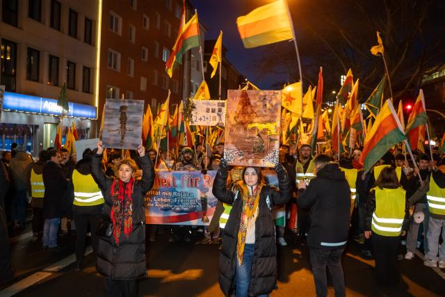 30 January 2026, North Rhine-Westphalia, Dortmund: People walk in a demonstration with the slogan "Against the violence and repression against Kurdish civilians" to draw attention to the situation of the Kurds in north-eastern Syria. Photo: Max Lametz/dpa