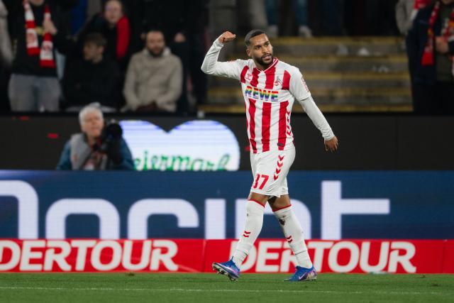 30 January 2026, North Rhine-Westphalia, Cologne: Cologne's goalscorer Linton Maina celebrates scoring his side's first goal during the German Bundesliga soccer match between 1. FC Cologne and VfL Wolfsburg at the RheinEnergieStadion. Photo: Marius Becker/dpa - IMPORTANT NOTICE: DFL and DFB regulations prohibit any use of photographs as image sequences and/or quasi-video.