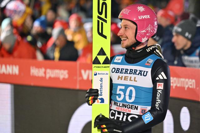 31 January 2026, Hesse, Willingen: Germany's Felix Hoffmann cheers after the the men's Large Hill competition of the FIS Ski Jumping World Cup FIS Ski Jumping World Cup in Willingen. Photo: Swen Pförtner/dpa