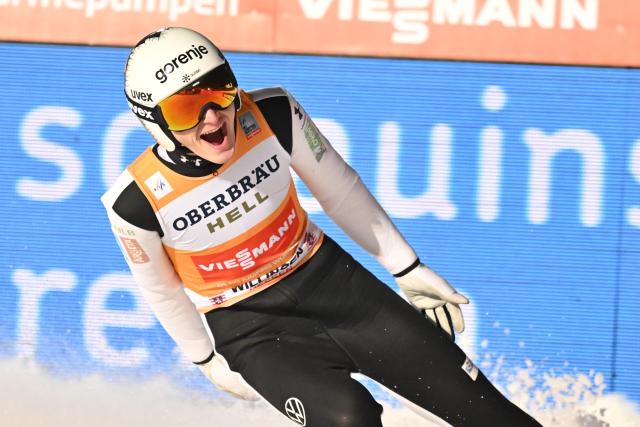 31 January 2026, Hesse, Willingen: Slovenia's Domen Prevc cheers after the the men's Large Hill competition of the FIS Ski Jumping World Cup FIS Ski Jumping World Cup in Willingen. Photo: Swen Pförtner/dpa