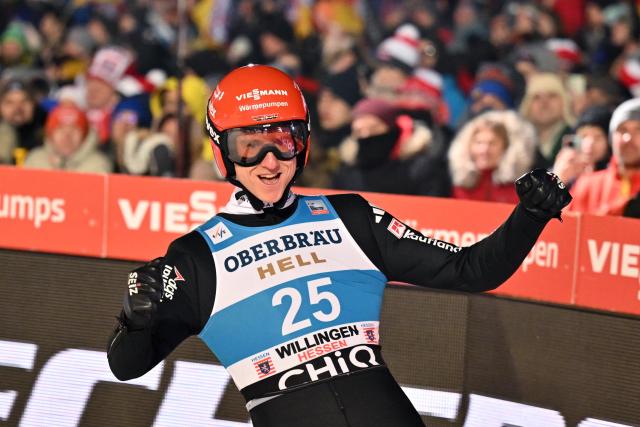 31 January 2026, Hesse, Willingen: Germany's Karl Geiger cheers after the the men's Large Hill competition of the FIS Ski Jumping World Cup FIS Ski Jumping World Cup in Willingen. Photo: Swen Pförtner/dpa