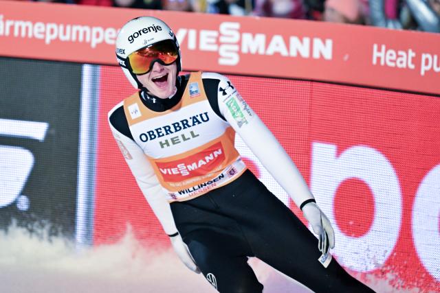 30 January 2026, Hesse, Willingen: Slovenia's Domen Prevc celebrates after the men's Large Hill competition of the FIS Ski Jumping World Cup FIS Ski Jumping World Cup in Willingen. Photo: Swen Pförtner/dpa