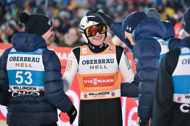 30 January 2026, Hesse, Willingen: Slovenia's Domen Prevc celebrates after the men's Large Hill competition of the FIS Ski Jumping World Cup FIS Ski Jumping World Cup in Willingen. Photo: Swen Pförtner/dpa