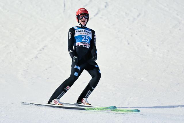 30 January 2026, Hesse, Willingen: Germany's Karl Geiger cheers after his jump in the men's Large Hill competition of the FIS Ski Jumping World Cup FIS Ski Jumping World Cup in Willingen. Photo: Swen Pförtner/dpa