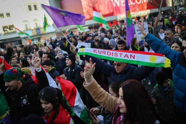 31 January 2026, Baden-Württemberg, Stuttgart: People take part in a pro-Kurdish demonstration in Stuttgart, Under the slogan "Political status for Rojava". Photo: Christoph Schmidt/dpa