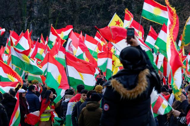 31 January 2026, North Rhine-Westphalia, Bonn: Participants hold flags and placards at a large rally in solidarity with the Kurdish people in Syria. Photo: Henning Kaiser/dpa