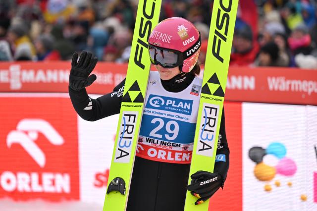 01 February 2026, Hesse, Willingen: Germany's Agnes Reisch reacts after the women's Large Hill competition of the FIS Ski Jumping World Cup in Willingen. Photo: Swen Pförtner/dpa