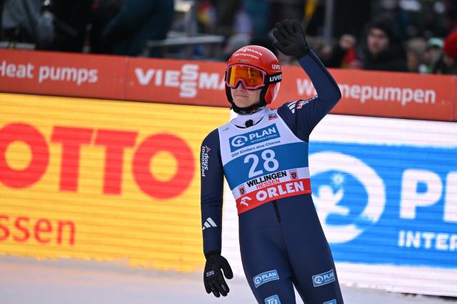 01 February 2026, Hesse, Willingen: Germany's Katharina Schmid reacts after the women's Large Hill competition of the FIS Ski Jumping World Cup in Willingen. Photo: Swen Pförtner/dpa