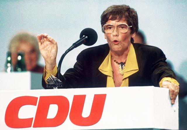 FILED - 11 September 1989, Bremen: Former President of the Bundestag Rita Suessmuth gives a speech at the CDU federal party conference in Bremen. Christian Democratic Union of Germany (CDU) politician and long-time President of the Bundestag Rita Suessmuth has died at the age of 88. Photo: Fotoagentur Forum/dpa