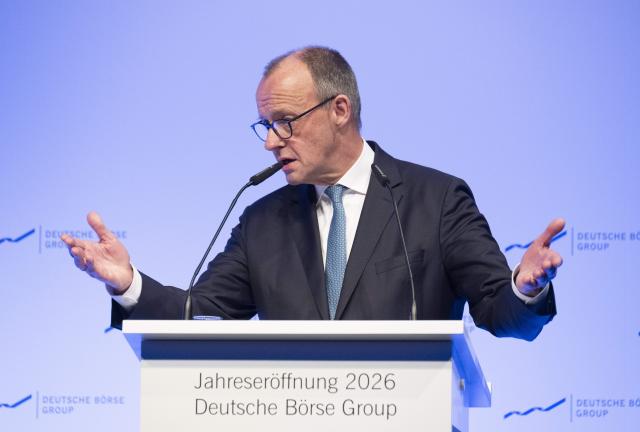 02 February 2026, Hesse, Eschborn: German Chancellor Friedrich Merz speaks at the Deutsche Boerse New Year's reception in Eschborn. Photo: Boris Roessler/dpa