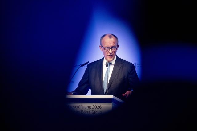 02 February 2026, Hesse, Eschborn: German Chancellor Friedrich Merz speaks at the Deutsche Boerse New Year's reception in Eschborn. Photo: Boris Roessler/dpa