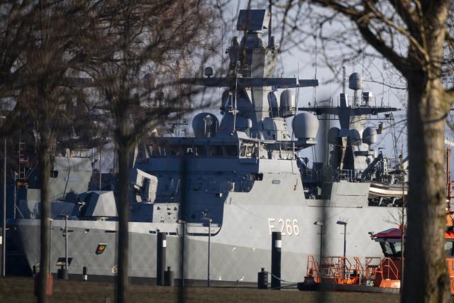 03 February 2026, Hamburg: The corvette "Emden" is seen in the harbor in Hamburg. Two men have been arrested. They are accused of attempted sabotage of a ship. Searches were carried out in several countries. Photo: Philip Dulian/dpa