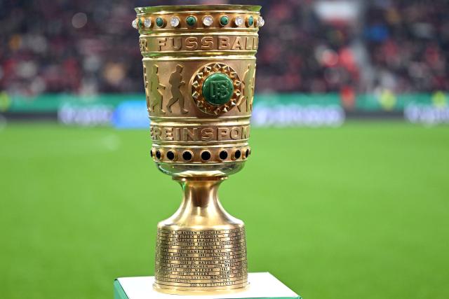 03 February 2026, North Rhine-Westphalia, Leverkusen: The German DFB cup stands at the edge of the pitch prior to the start of the German DFB Cup soccer match between Bayer Leverkusen and FC St. Pauli at BayArena. Photo: Federico Gambarini/dpa - IMPORTANT NOTICE: DFL and DFB regulations prohibit any use of photographs as image sequences and/or quasi-video.