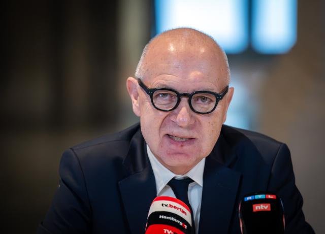 05 February 2026, Berlin: Bernd Neuendorf (L), President of the German Football Association (DFB), speaks during a press conference before an agreement was signed to hold the DFB Cup final in Berlin's Olympic Stadium until at least 2030. Photo: Soeren Stache/dpa