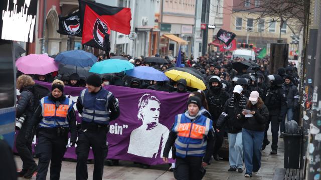 07 February 2026, Thuringia, Jena: People march through the city center during a demonstration against the sentencing of Maja T. by the Budapest Criminal Court. A few days ago, the court sentenced Maja T., a non-binary German person, to eight years in prison. Photo: Bodo Schackow/dpa