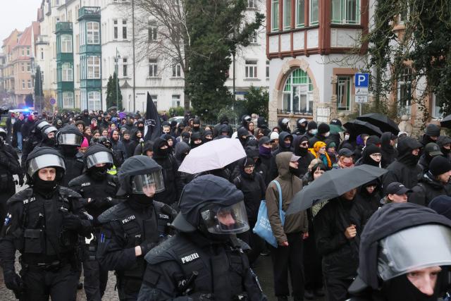 07 February 2026, Thuringia, Jena: People march through the city center during a demonstration against the sentencing of Maja T. by the Budapest Criminal Court. A few days ago, the court sentenced Maja T., a non-binary German person, to eight years in prison. Photo: Bodo Schackow/dpa