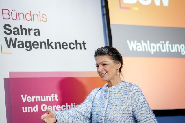 09 February 2026, Berlin: Sahra Wagenknecht, chairwoman of the Sahra Wagenknecht Alliance (BSW), attends a press conference on the submission of the election review complaint. Photo: Kay Nietfeld/dpa