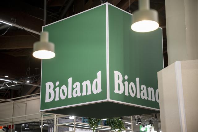 10 February 2026, Bavaria, Nuremberg: The Bioland e.V. logo will be at Biofach at the start of the Biofach trade fair for organic food and Vivaness, the trade fair for natural cosmetics. Photo: Daniel Vogl/dpa